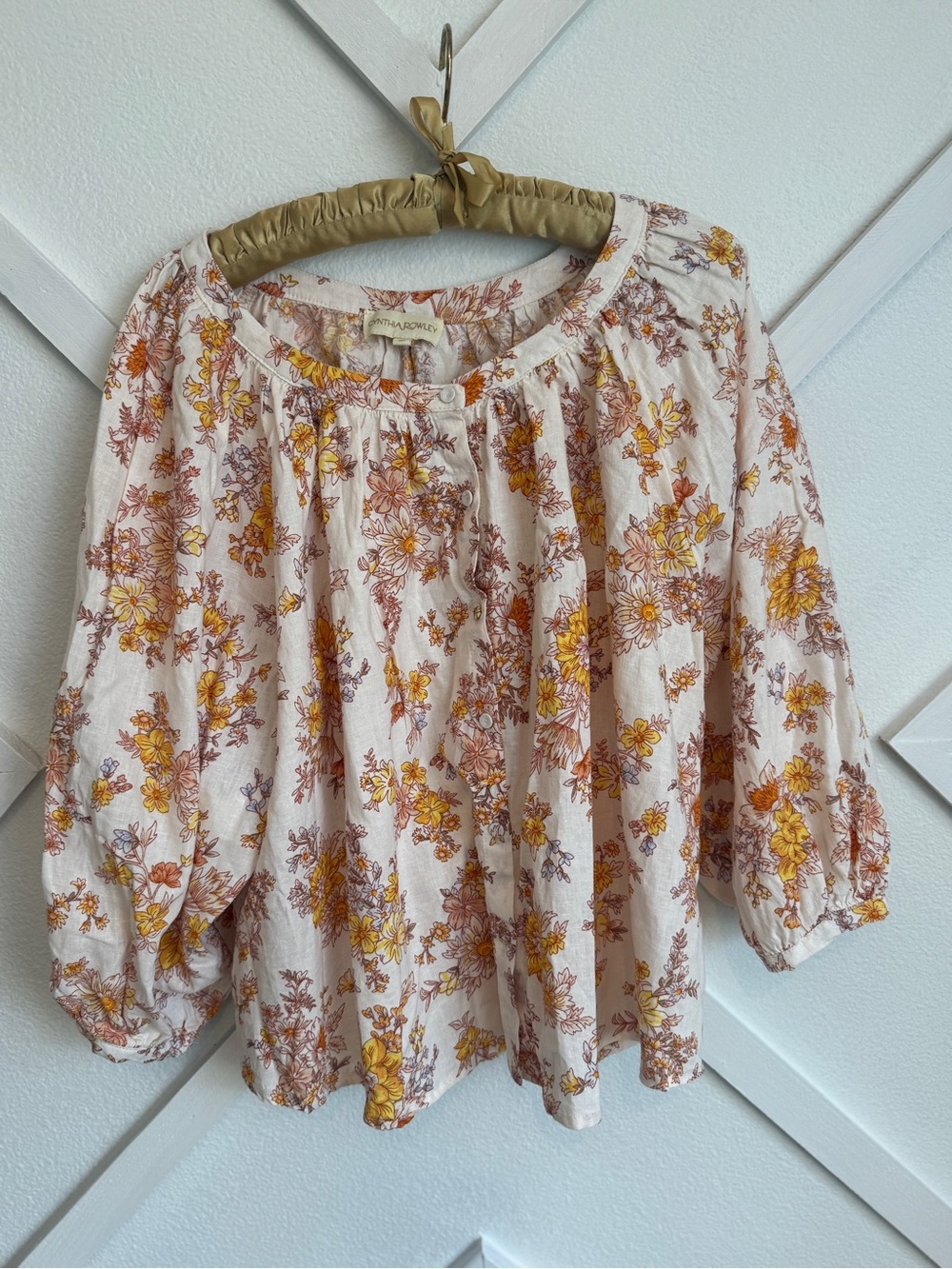 Cynthia Rowley Womens Floral Print Peasant  Button Down  Linen Summer Medium